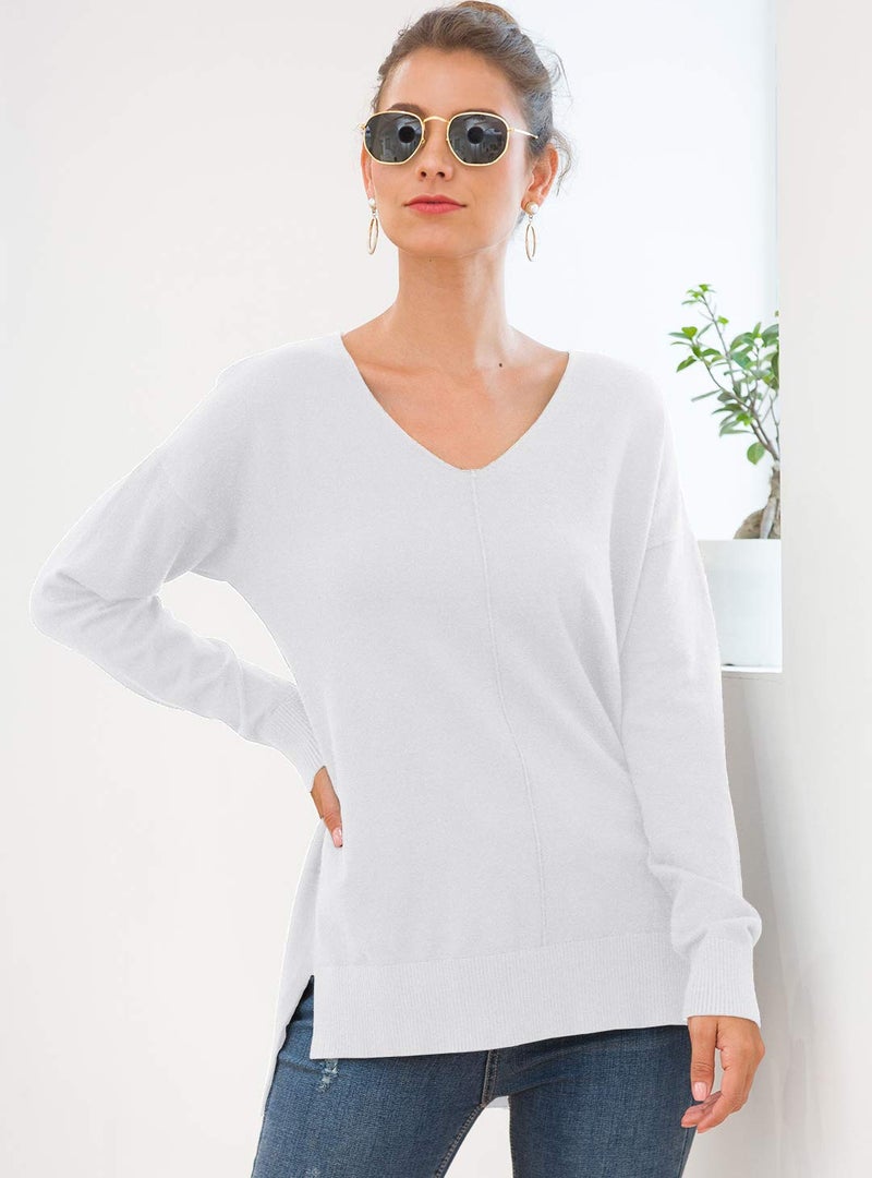 Jouica Womens Loose V-Neck Pullover Sweater Top W/Slight Hi-Low,White,X-Large - Image 3